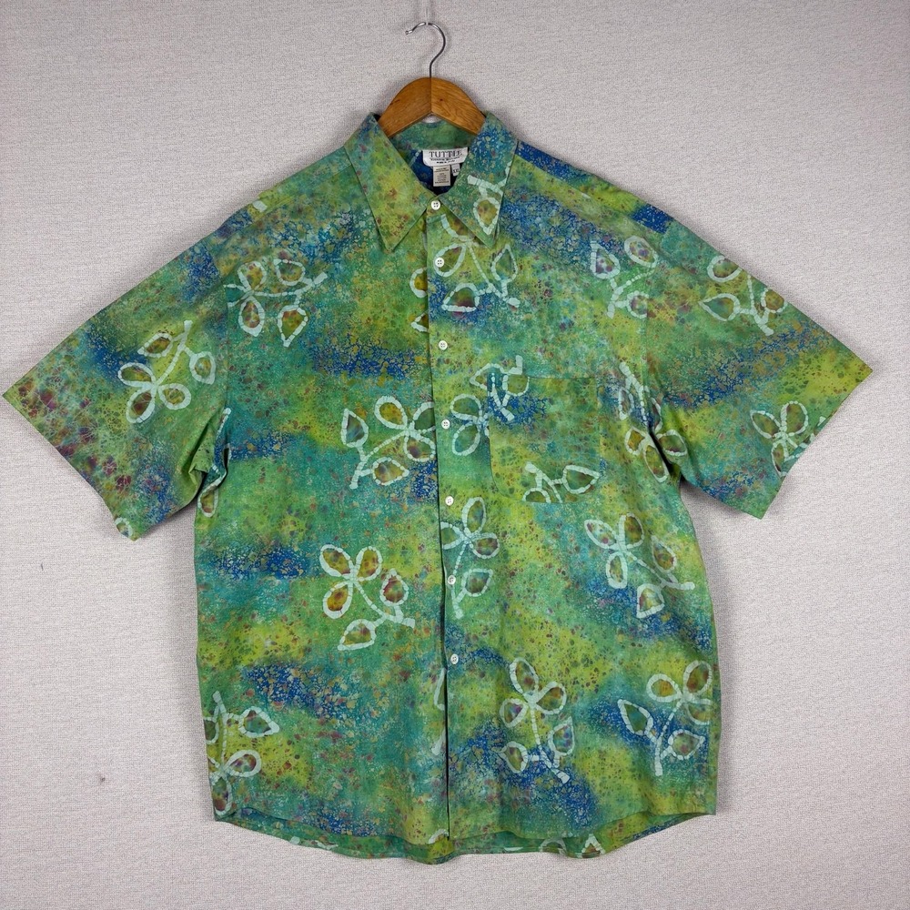 Vtg 90s‎ Tuttle Button Up Mens XXL Block Print Cotton Short Sleeve Made in Italy